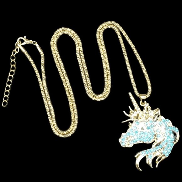 Gold Blue Rhinestone Unicorn Pendant Necklace w/ Gift Box – Fantasy Jewelry - Picture 4 of 5